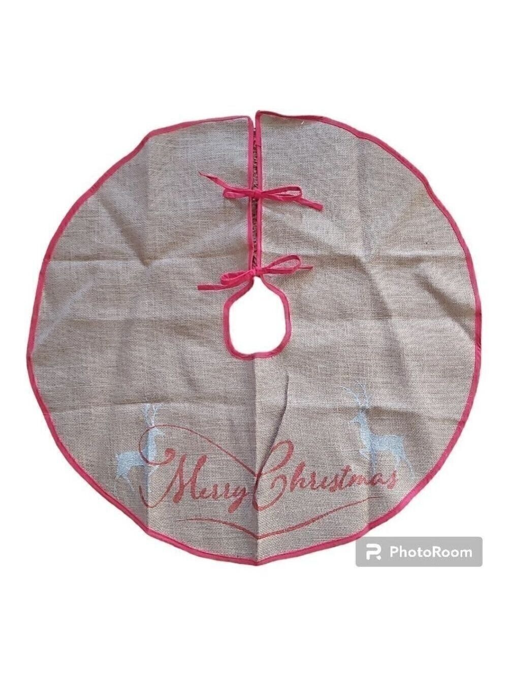 Nwot Medium Classic Burlap Merry Christmas Tree Skirt W/Red Trim- Size  28.5 In
